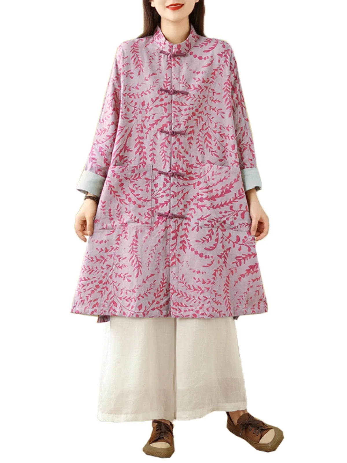 เสื้อโค้ทผู้หญิงสไตล์จีนแบบใหม่ ทรงหลวม แขนยาว ติดกระดุม ลายดอกไม้สไตล์วินเทจ สำหรับฤดูใบไม้ผลิ ไซส์ใหญ่