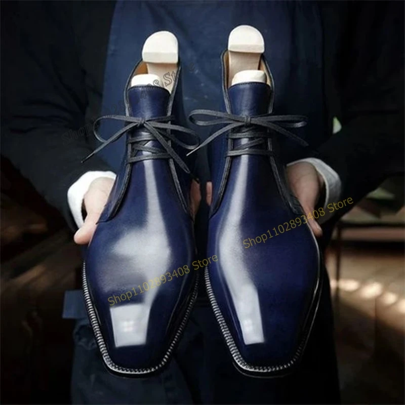 Deep Blue Leather Men Dress Shoes Cross Tied Business Party Wedding High Quality Flat Men Shoes Luxury 2023 Zapatillas Mujer