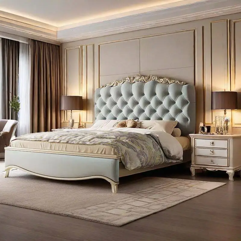Offwhite-blaues europäisches und amerikanisches französisches Massivholzbett für Mädchen, Jugendzimmer, Hauptschlafzimmer, Doppelbett, Button Palace, amerikanischer Retro-Stil
