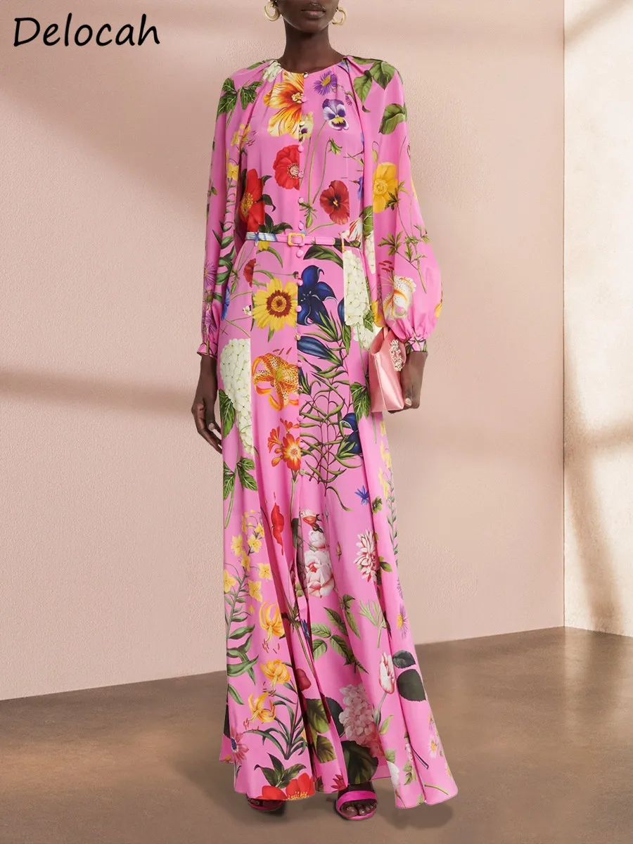 Delocah High Quality Spring Women Fashion Runway Holiday Maxi Dress With Belt Lantern Long Sleeve Flower Printed Long Dresses