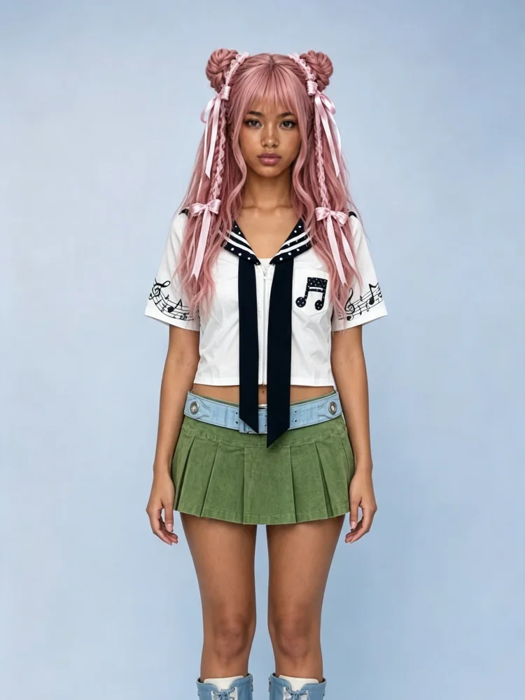 Y2K Preppy Navy Collar Blouse Women Musical Note Print Tie Front Cropped Short Shirt