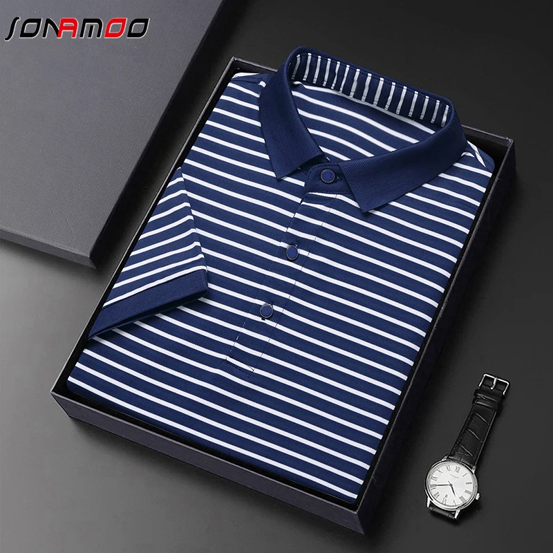 2024 Men's New Striped Cotton Business Casual Short Sleeved POLO Shirt Fashion Short Sleeved Comfortable and Breathable Top