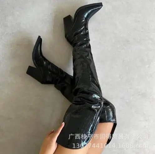 Autumn Women Black Sliver Stone Pattern Leather Pointed Toe Chunky Heels Over The Knee Boots Female Thigh Long Botas Shoes Lady