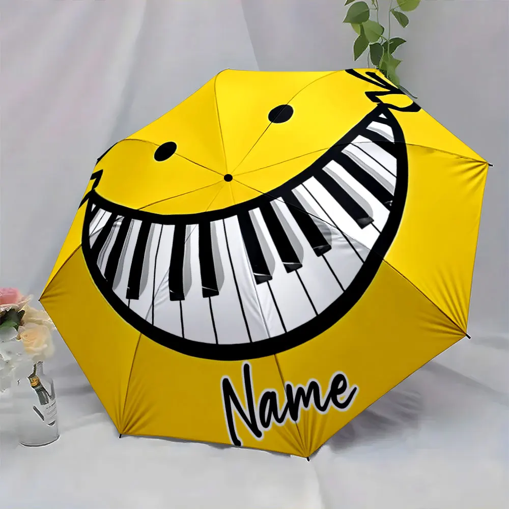 Custom Name Smiley Face Umbrella with Piano Design in Yellow Print 8 Iron Ribs Folding Umbrella, Auto-Open Fashion Sunshade