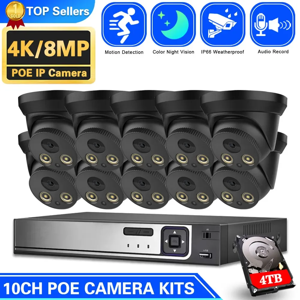 H.265 10CH 4K Security Camera System POE 8MP Ai Human Indoor Outdoor Metal Dome Color Night Video Surveillance CCTV Camera Kit