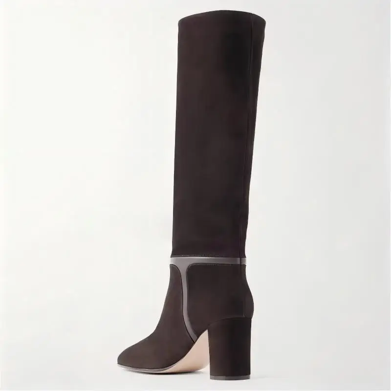 Slip On Knee High Boots Women Pointed Toe Block Heel Suede Splice Leather Trim Retro Elegant Daily Long Dress Boots