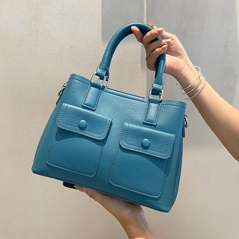 

Новая женская сумка-тоут из натуральной кожи 2026 года с декоративными карманами, модная женская сумка из коровьей кожи, на плечо или через плечо