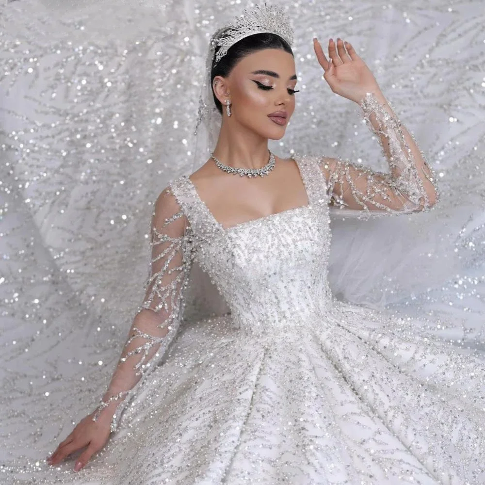 Customized Gorgeous Shining Square Neck Long Sleeve Wedding Dresses Sequined Beads Pearls Bride Robe Ball Gown Robe De Mariée