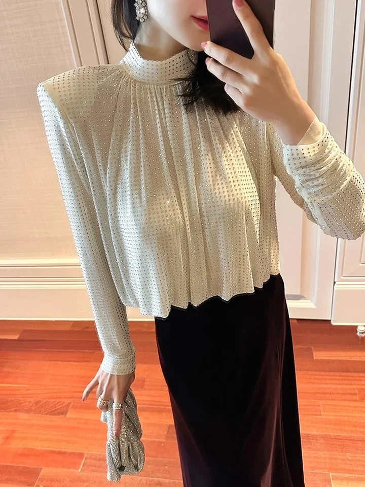 2024 Spring Luxury Fashion New Women High Quality Diamonds Long Sleeve T-Shirt Lady Tank Tops 2 Color