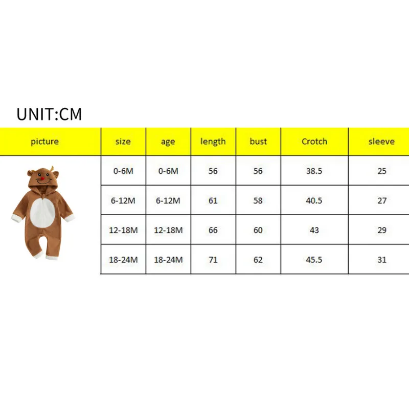 0 to 24 Months Toddler Baby Hooded Romper Casual Christmas Elk Long Sleeve Jumpsuit for Newborn Girl Boy Cute Clothes