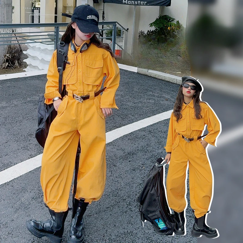 teenage girls Jumpsuit Autumn Trendy Cool Fashion Streetwear Yellow Playsuits junior Kid Cargo Pants 10 12 14 Children Bodysuits