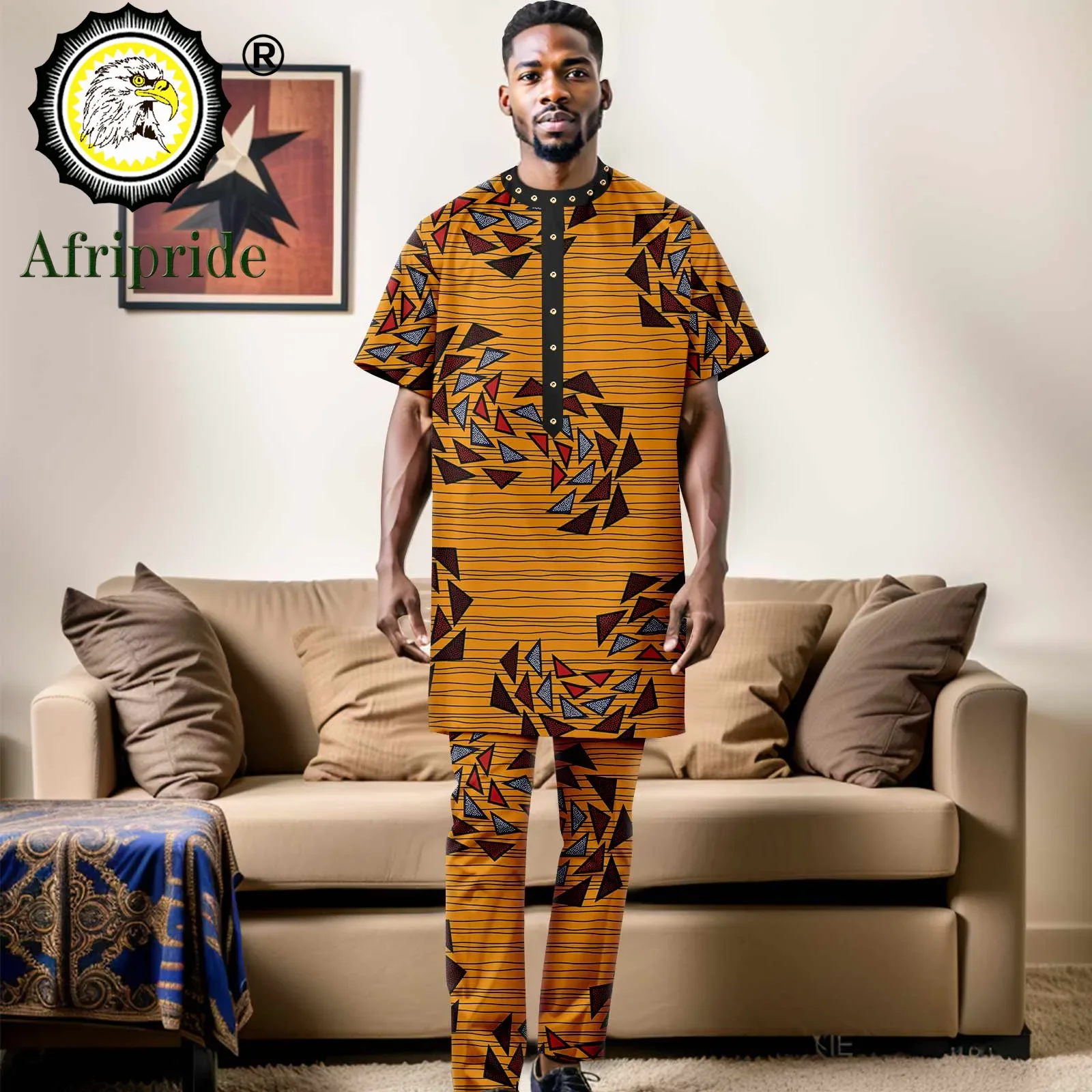 2024African Suits for Men Short Sleeve Shirts and Pants Set Tracksuit Pocket Outfit Plus Size Formal Wear Print Blouse A2316095