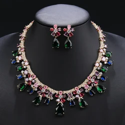 Luxury Water Drop Cubic Zirconia Flower Necklace And Earrings Set Ladies Party Bridal Wedding Jewelry Set CN11325