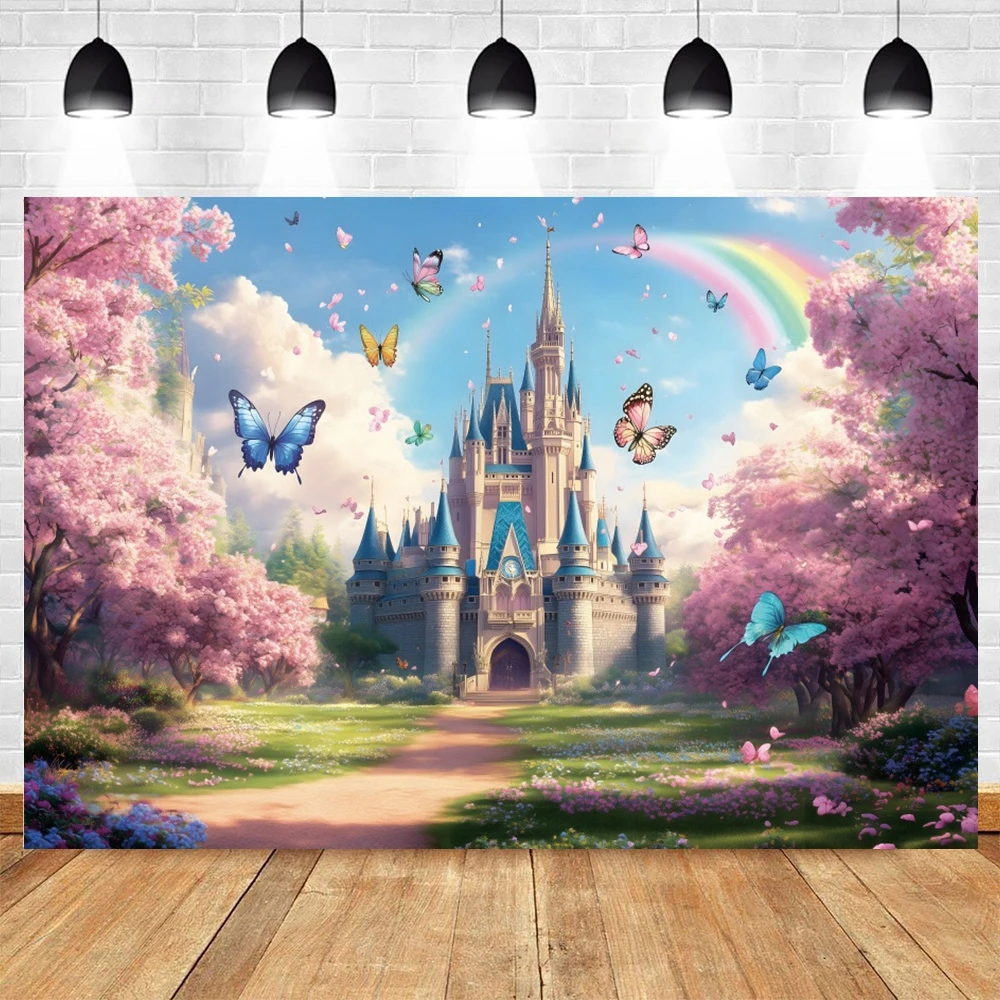 Pink Rainbow Castle Backdrops Flowers Forest Princess Birthday Party Dreamy Wedding Portrait Photography Background Photo Studio