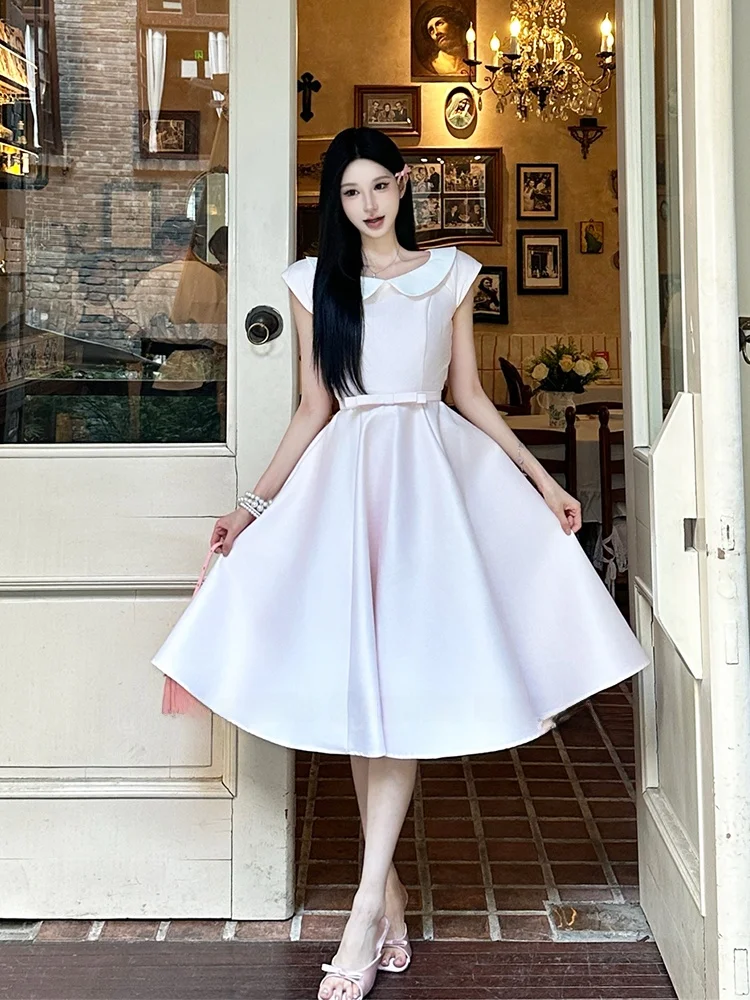 

Платье Princ Sle Birthday Dr Hebe Pink с коротким рукавом, длинная юбка А-силуэта, с высокой талией, воротником «питер пэн», на молнии, повседневное, для свиданий