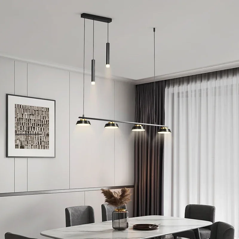 Modern Led Chandelier for Dining Room with Spotlight Kitchen Long Table Black Ceiling Hanging Pendant Lamp Neutral Light Decor