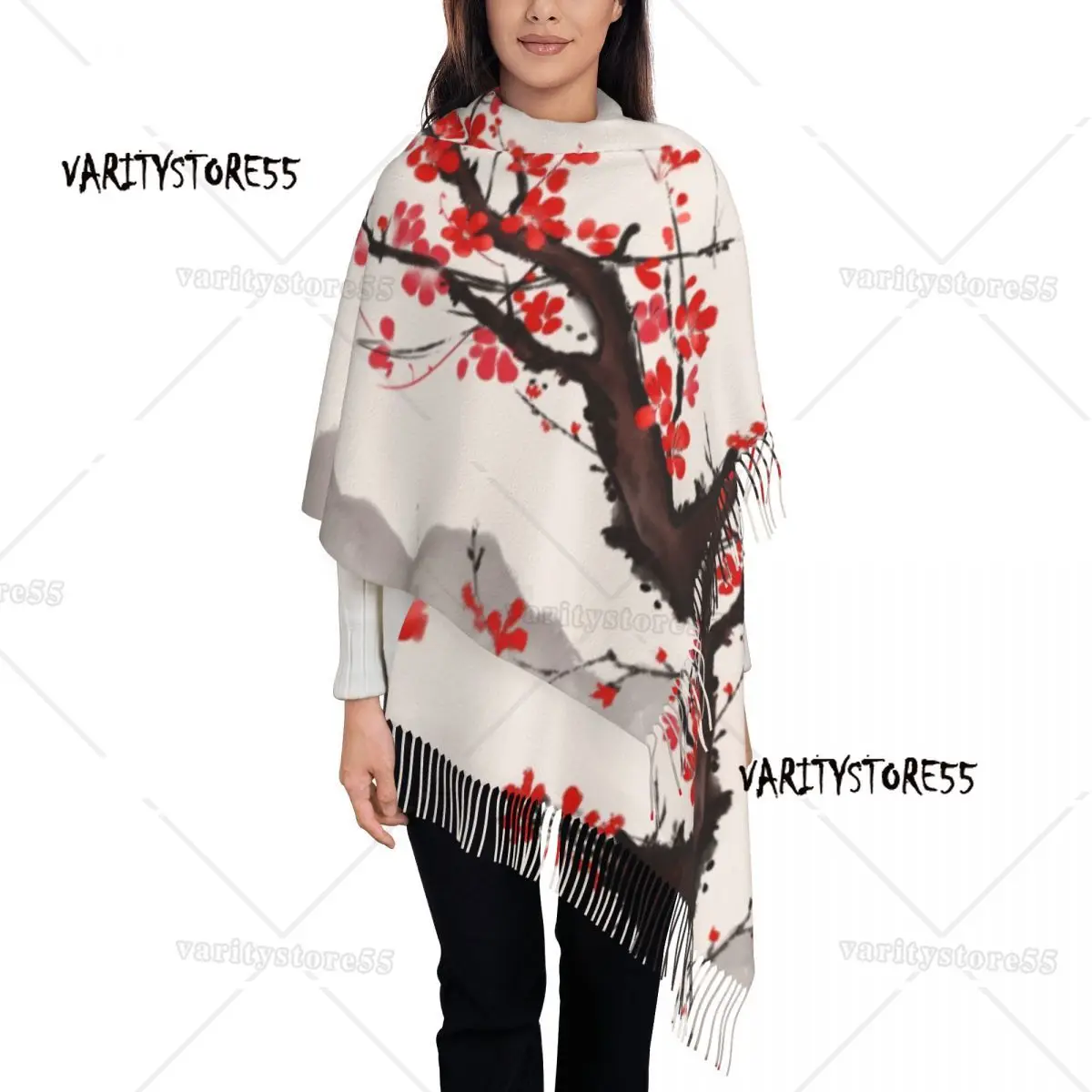 

Cherry Blossom Japanese Style Tassel Scarf Women Soft Sakura Floral Flowers Shawl Wrap Ladies Winter Fall Scarves