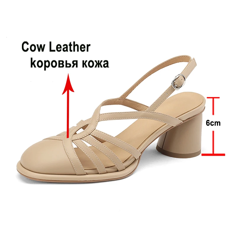 Meotina Women Genuine Leather Sandals Round Toe Chunky High Heels Buckle Narrow Band Ladies Fashion Casual Shoes Summer 42