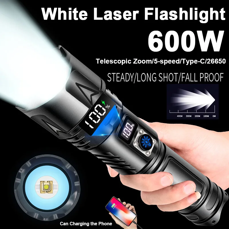 600W High Power White LED Flashlight Waterproof Long-range Outdoor Searchlight Aluminum Zoom Light Digital Display USB Charging