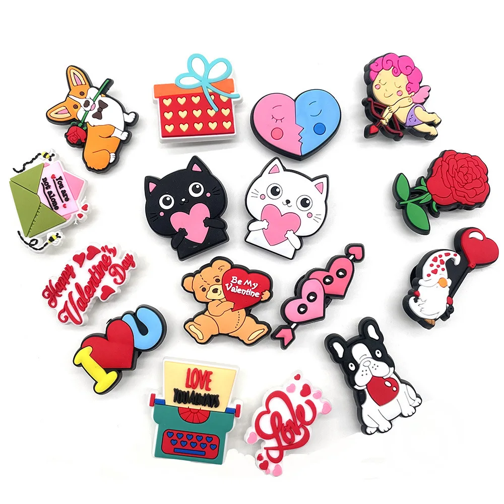 Valentine Love Heart PVC Shoe Charms Rose Cupid Puppy Detachable Clog Shoe Decor Gift for Couples Romantic DIY Accessories