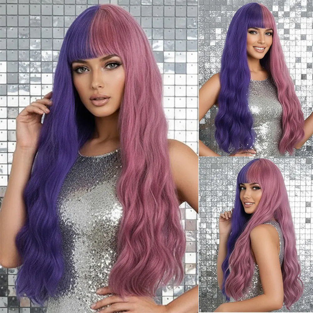 Anime wig European and American color blocked bangs long curly hair new product headband wig-Synthetic fiber wig