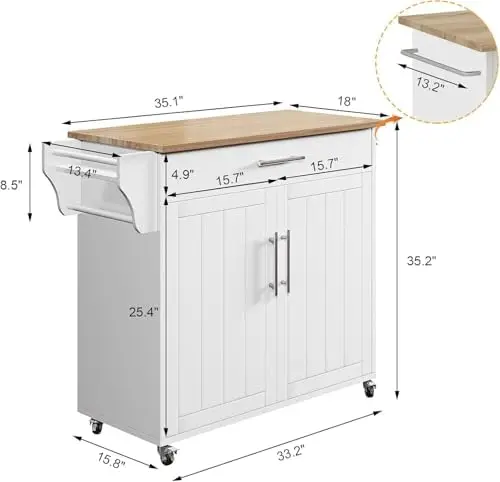 Kitchen Storage Island, Wooden Rolling Kitchen Island On Wheels with Countertop, Mobile Kitchen Island Cart with Towel