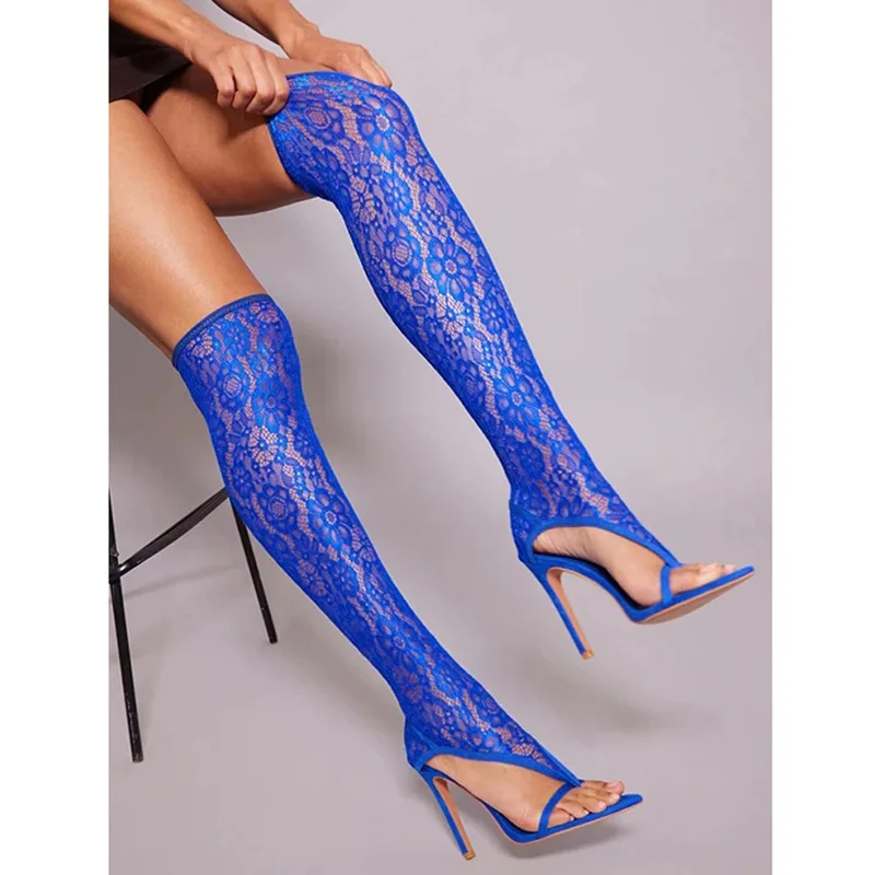 

Elastic flower Lace Thong Toe Thigh Boots Thin High Heel Women's Blue Red Mesh Lace Socks Boots Summer Over Knee Boots