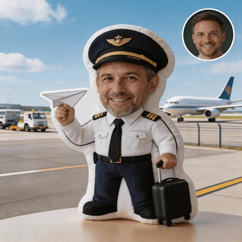 Personalized Photo Customization: Pilot Uniform Character Navy Blue & White Custom Shaped Decorative Cushion, Stylized Illustrat