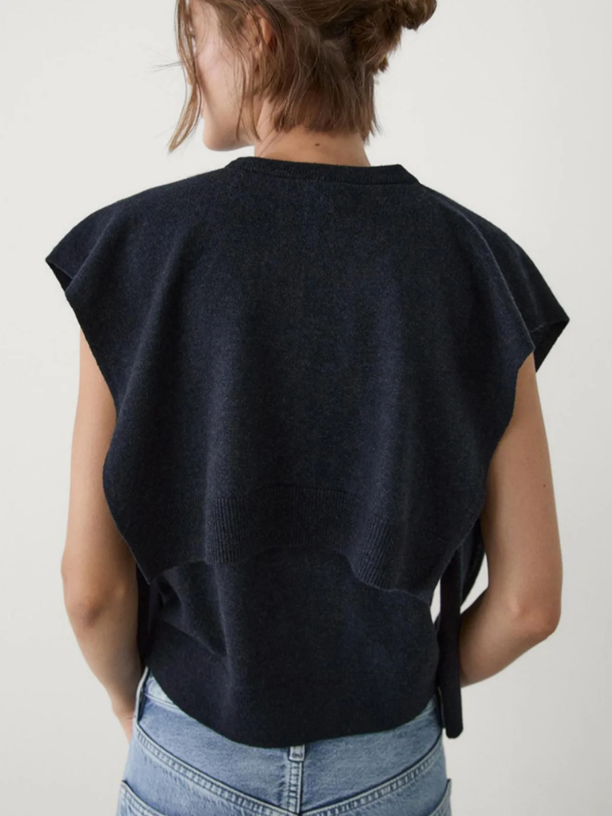 

Вязаный топ с запахом и запахом для поездок на работу, женский модный жилет из двух частей, обычный тонкий темно-синий воротник