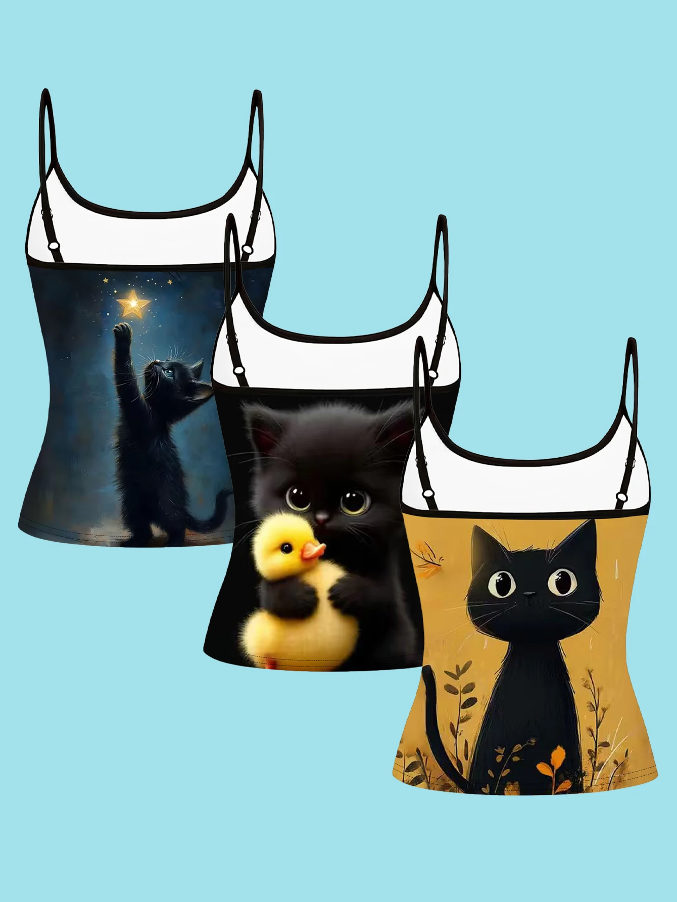 3-Piece Set of Cute Black Cat and Star Print Little Yellow Duck Camisoles, Slim-Fit and Flattering, Suitable for Wearing Inside or Outside