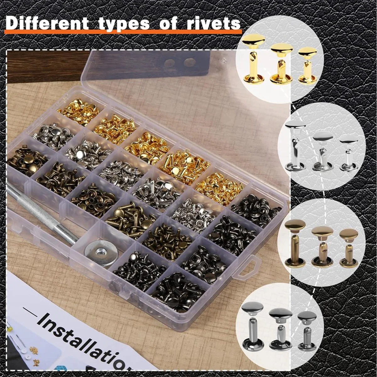 Leather Rivets, 600 PCS Multicolor Double Cap Rivets, Leather Rivet Kit with Hollow Punch,Punch Tool and Rubber Harmmer