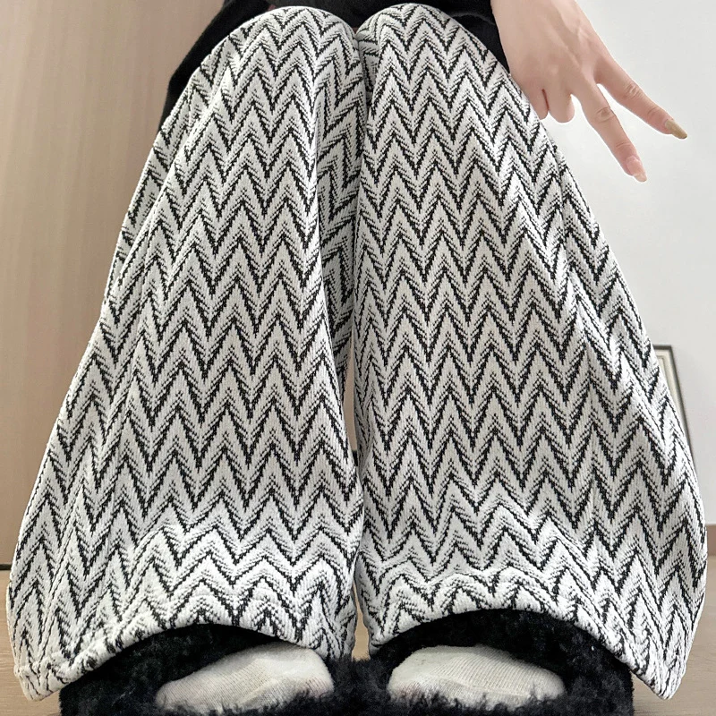 الخريف الشتاء رشاقته الدافئة شريط مستقيم السراويل النساء Harajuku الاتجاه فضفاض واسعة الساق بانت عالية الخصر الدانتيل متابعة محبوك بنطلون #4