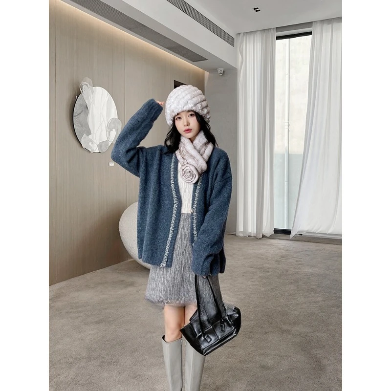 Rex Rabbit Hair Scarf Hat Set Combination Wool Thickened Warm Pineapple Hat Flower Scarf Two-piece Set Winter