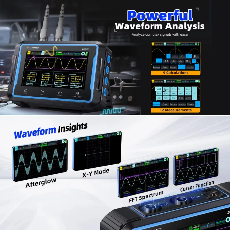 2C53P 50MHz デジタルオシロスコープ、250MSa/s デュアルチャンネル 4.3 インチスクリーン 3-in-1 マルチメーター & 信号発生器 TFT ディスプレイ
