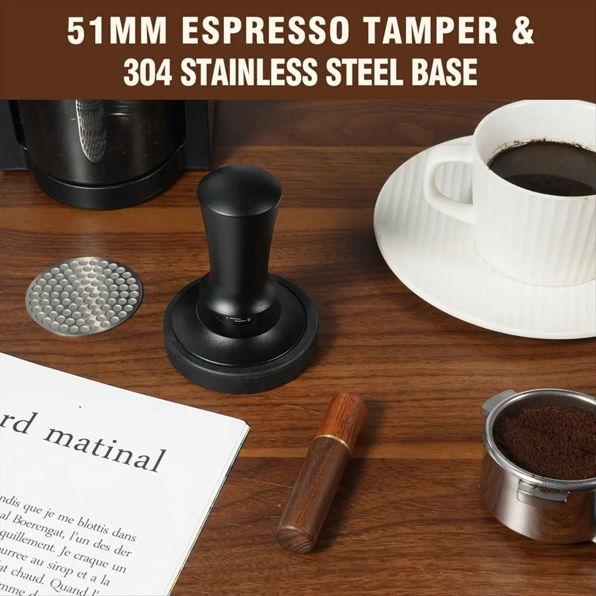 FZFZ 51mm Espresso Tamper and Stirrer Set, Espresso Coffee Tamper with Flat Spring Loaded Stainless Steel Base