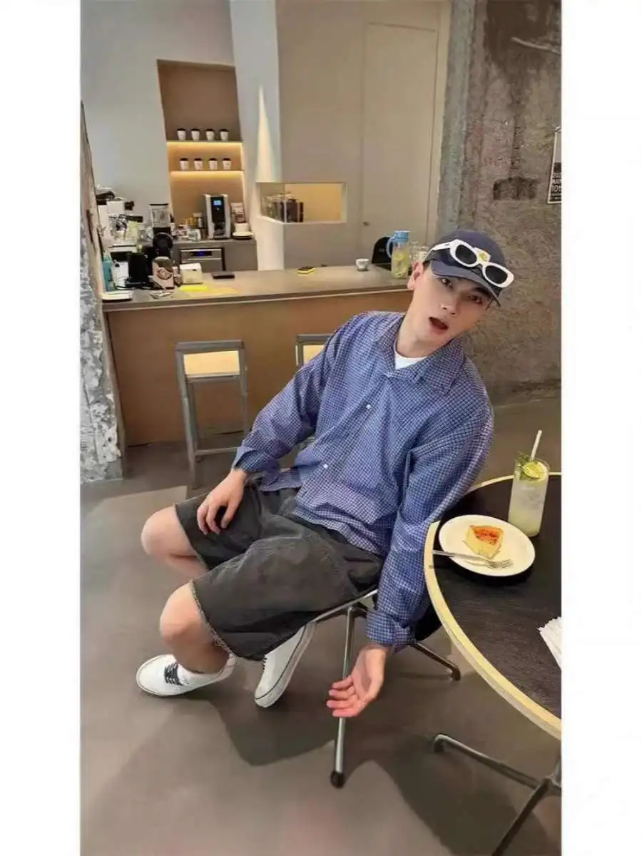 

Мужская повседневная верхняя одежда синего цвета в клетку Long Sve irt Student Sle весна-осень, свободная повседневная одежда с отложным воротником