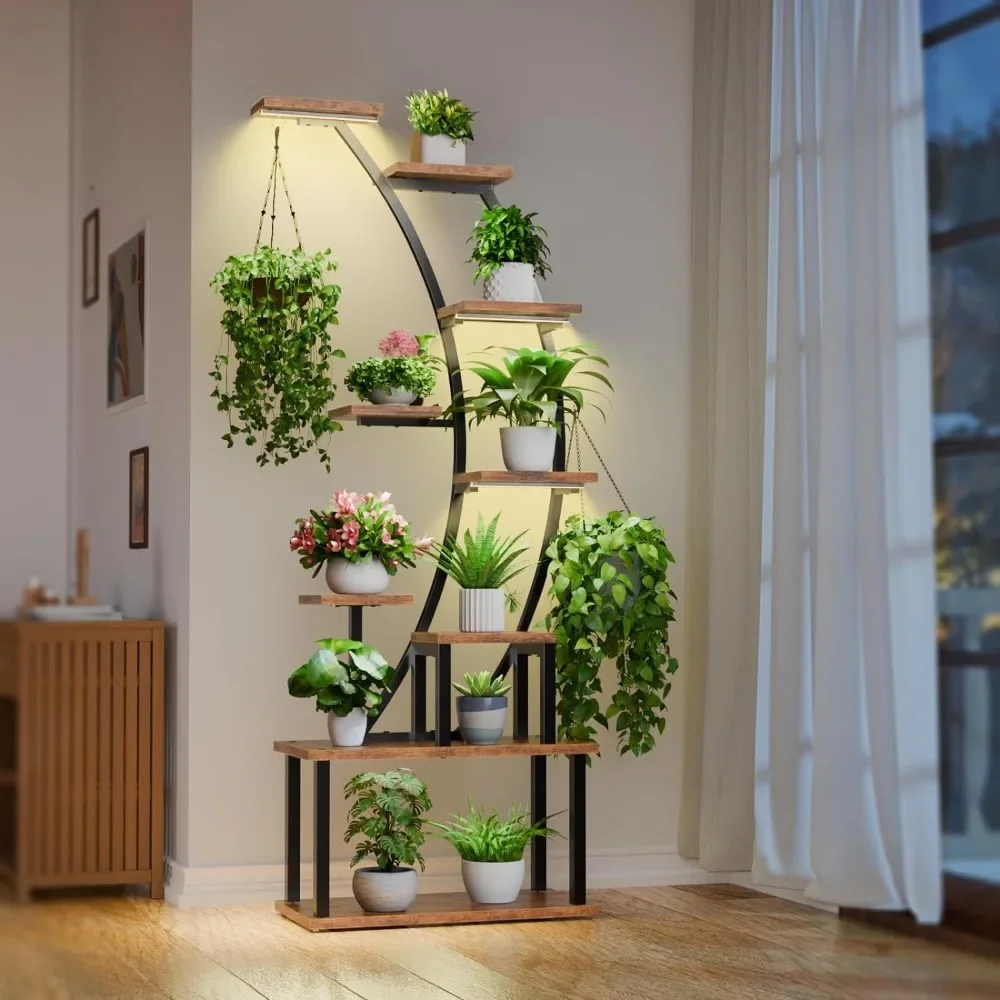 Plant Stand Indoor with Grow Lights, Large Plant Rack Display Shelves, Corner Plant Holder for Living Room, Patio