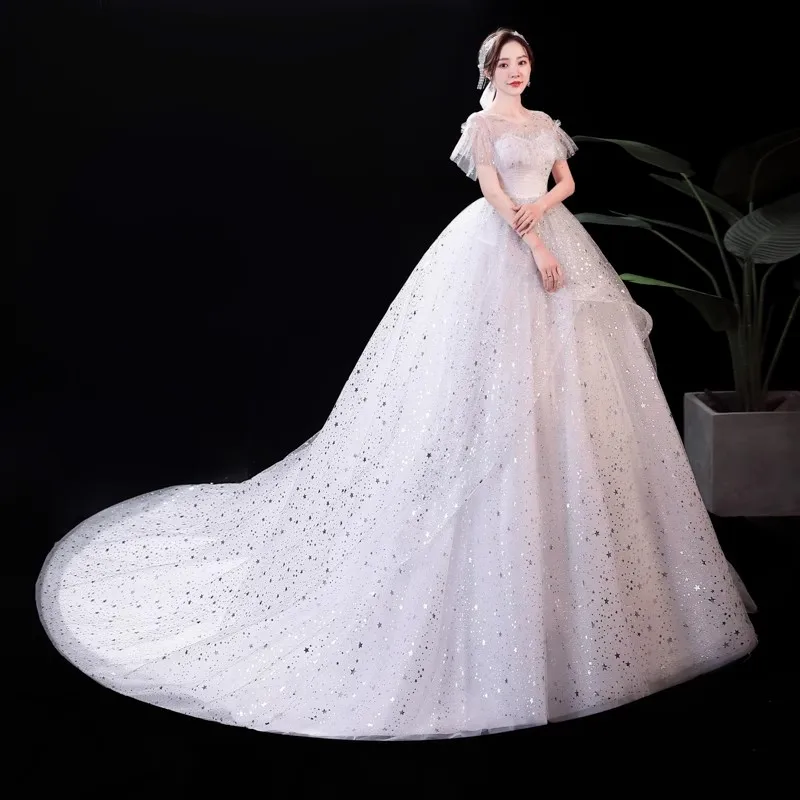 It's Yiiya Wedding Dress Cheap White Bling O-neck Ruffles Short Sleeve Lace up Trailing Princess Bride Ball Gown Plus size XN051