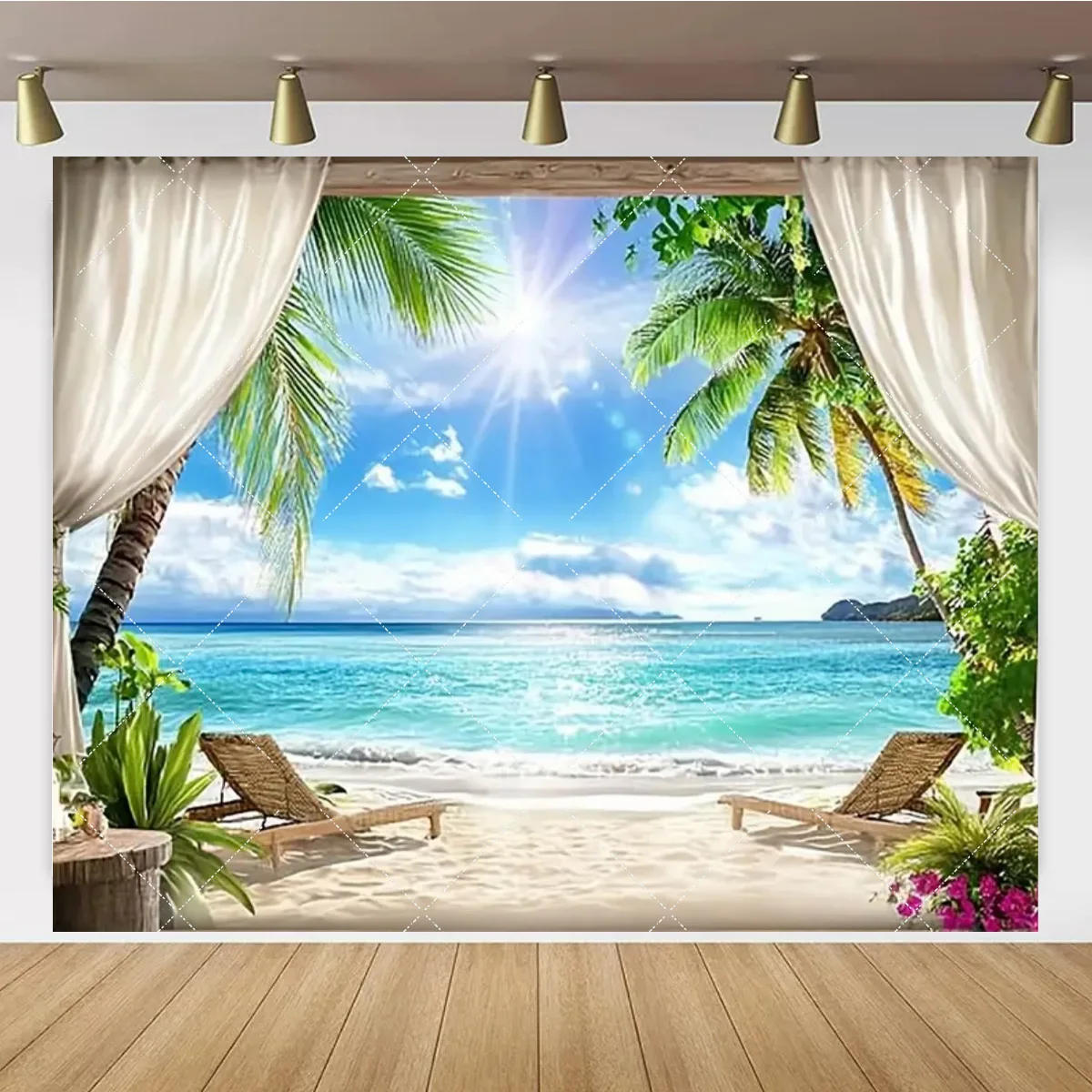 Hawaii Tropical island Decor Background Window View Coconut Trees Waves Beach Photo Photography Props Wedding Party Background