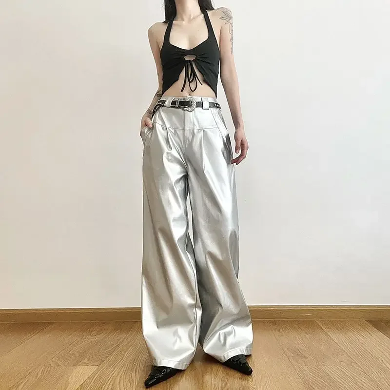 Y2k Gothic Punk Design Silver Shiny PU Leather Loose Draped Casual Trousers for Women Streetwear Straight Pants Baggy Pants Chic
