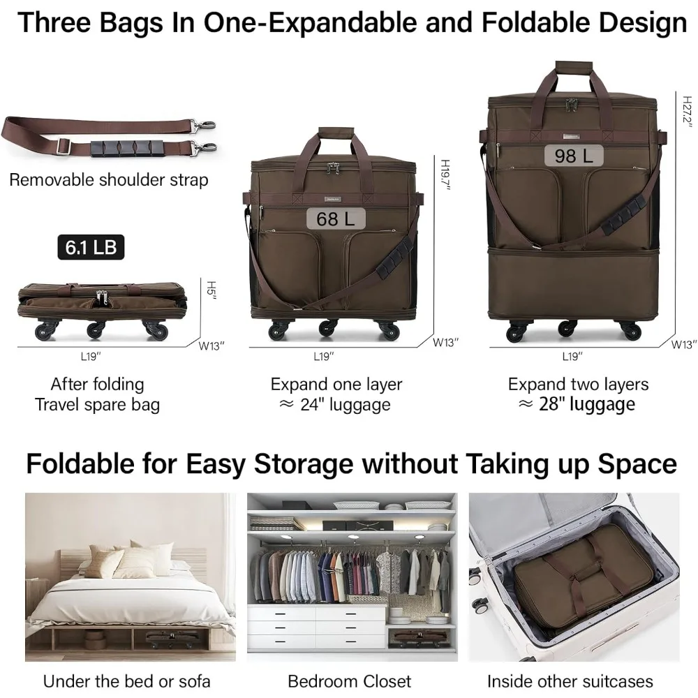 Expandable Collapsible Suitcase with Wheels for Men and Women - Lightweight Rolling Travel Bag, Duffel, and Garment Tote Bag for