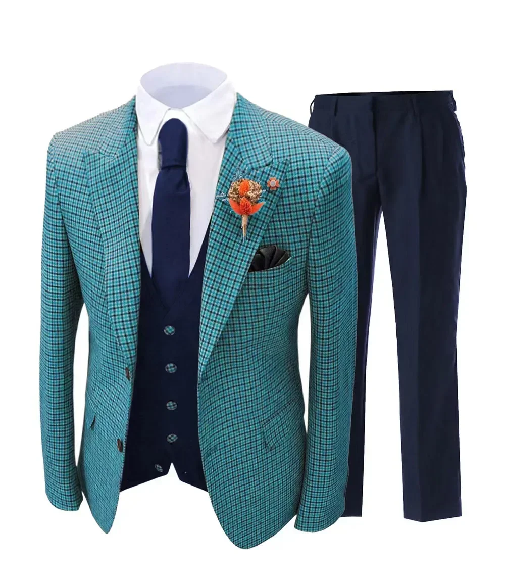 Plaid Suit Mens Slim Fit Mens 3 Piece Suit Notched Lapel Vintage Plaid Suits For Wedding Dress Evening Party High Quality