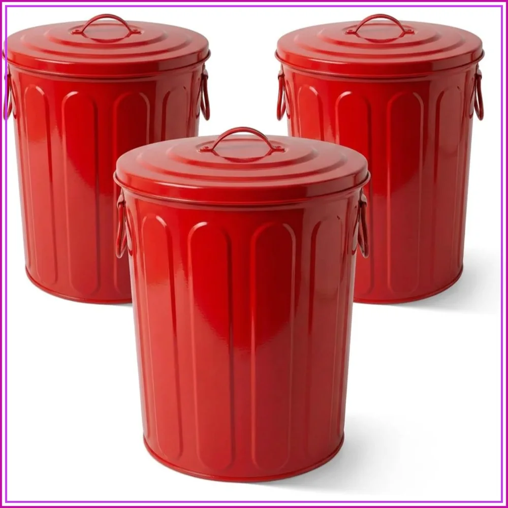 5 Gallon Metal Trash Can with Lid, Galvanized Steel Bucket for Dog Food Storage, Red, 3 Pack