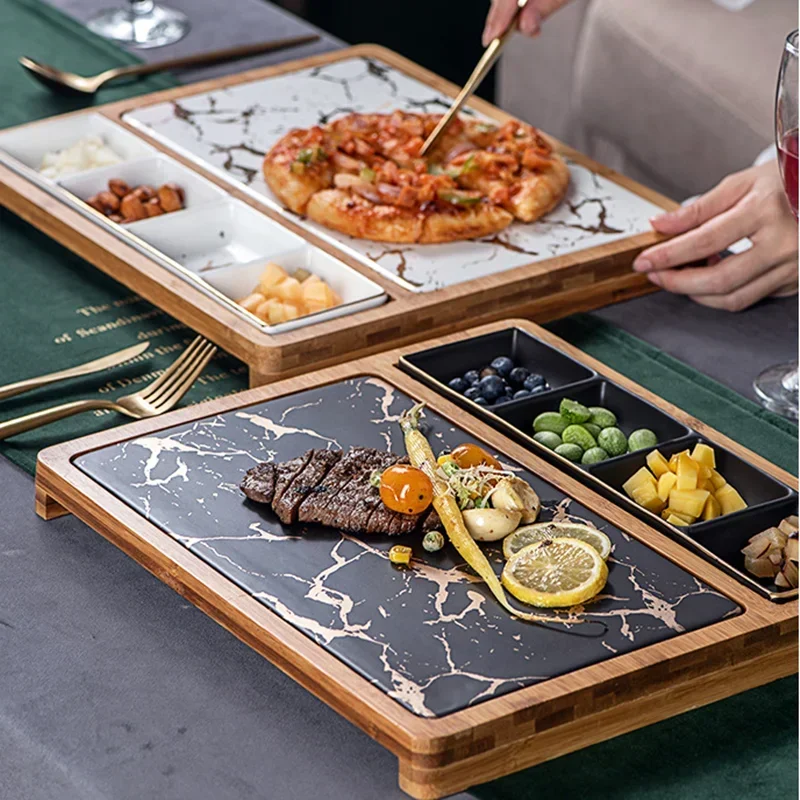Nordic Restaurant Pizza Plate, Square Ceramic Plate, Snack Plate, Tableware, Creative Marble Gold Texture Western Beef Plate