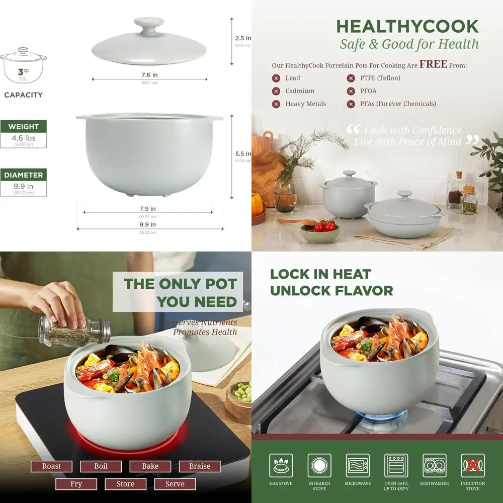 

3.17 Qt Grey Vesta Porcelain Cooking Pot with Lid, Suitable for Stew, Soup, Steaming, Oven and Microwave Use