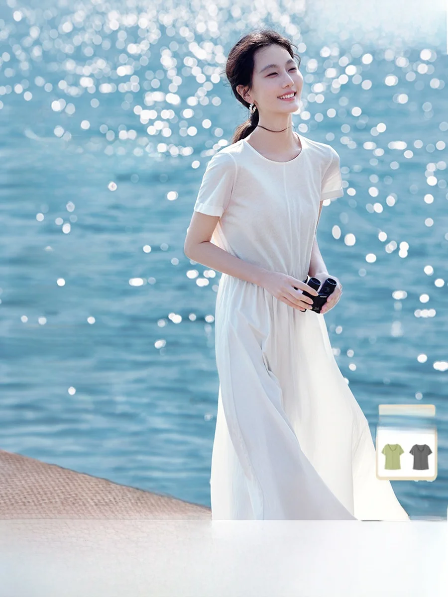 

White Cotton Sensation Skirt Women's Summer Waist Cinching Slimming Initial Love Dress Anti-Transparent A-Line Dress