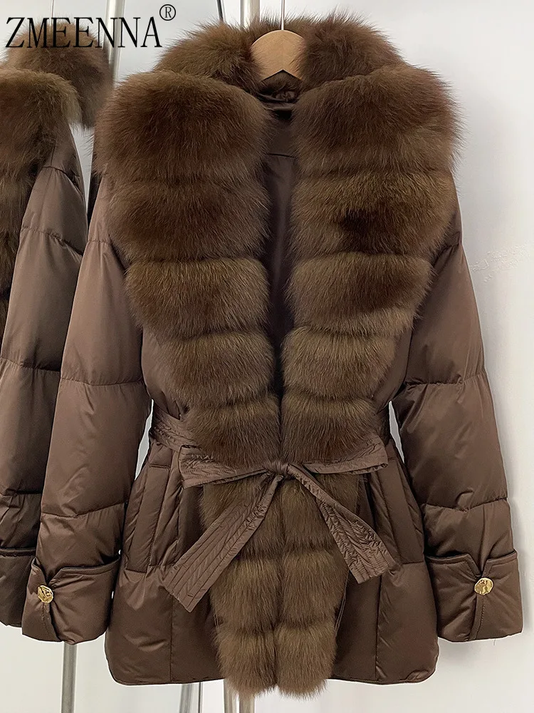 

ZMEENNA женский коричневый пуховик с роскошным воротником из искусственного меха с поясом на талии стеганое зимнее теплое пальто ZM4715