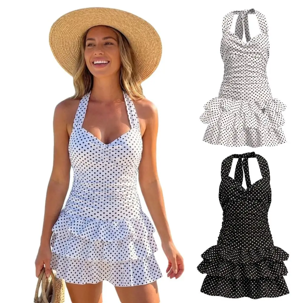 Ruffle Skirt Polka Dot One-Piece Swimsuit Backless Design Slimming Tummy Control Bathing Suit Ruffled Hem Bandage Style Swimwear