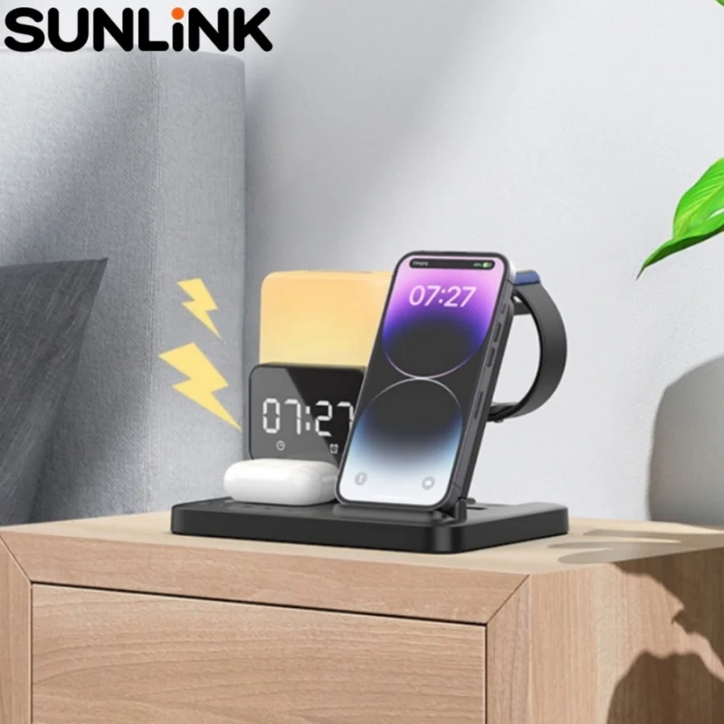 1pc wireless charger night light desktop phone holder alarm clock for iphone apply watch headphone Huawei Xiaomi Samsung