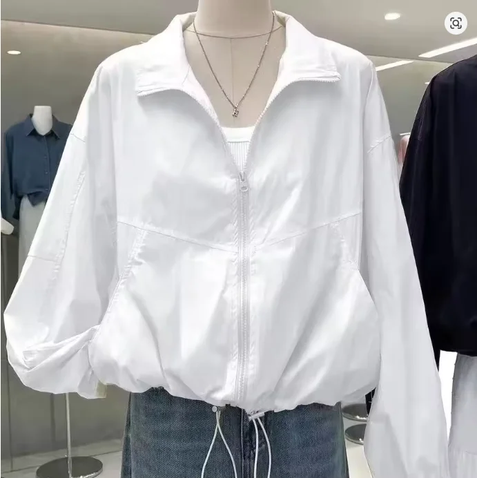 

2025 Spring Autumn Women's Trendy Thin Hooded Sun Protection Jacket Casual Loose Fit Single Layer Fashionable Outdoor Outerwear